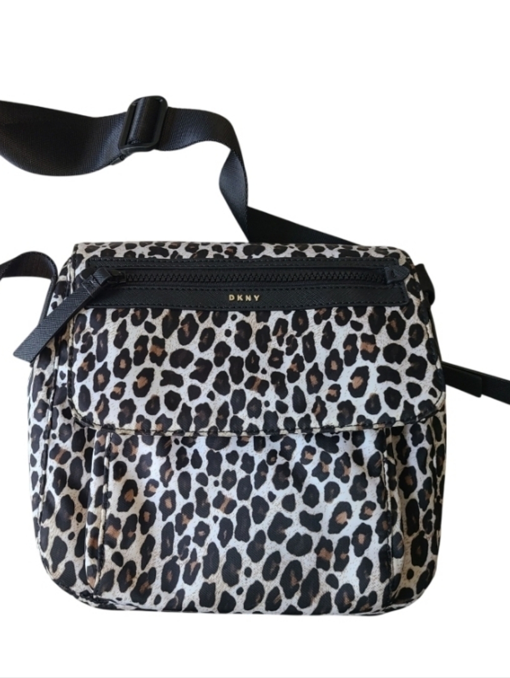 DKNY Carla Medium Leopard Print Nylon Crossbody Messenger Bag Black White Brown